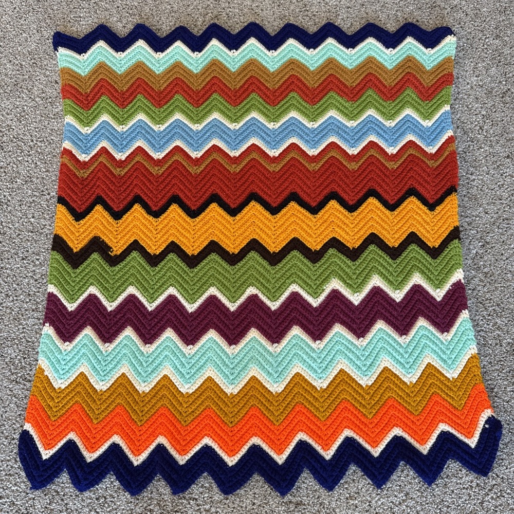 Vtg Small Crochet Knit Chevron Afghan Granny Lap Throw Blanket Boho 36" X 32"